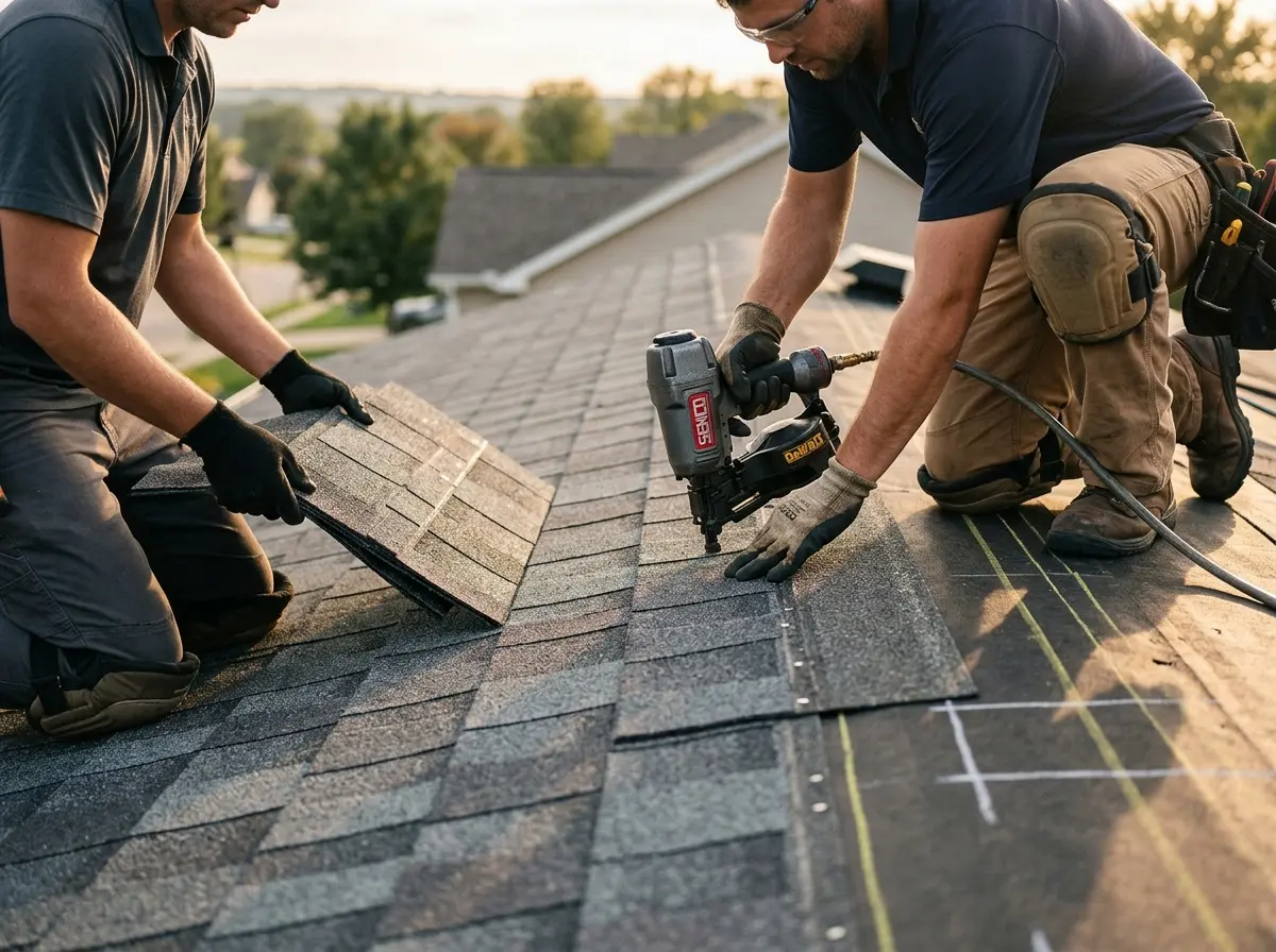 Professional roofer working on a residential roof in Grimes